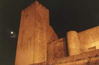 castle illuminated and full moon